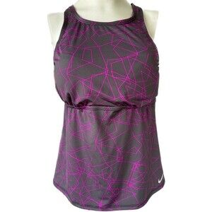 NIKE Fuchsia Blast Geometric Tankini Criss Cross Swimsuit Removable Pads Top L